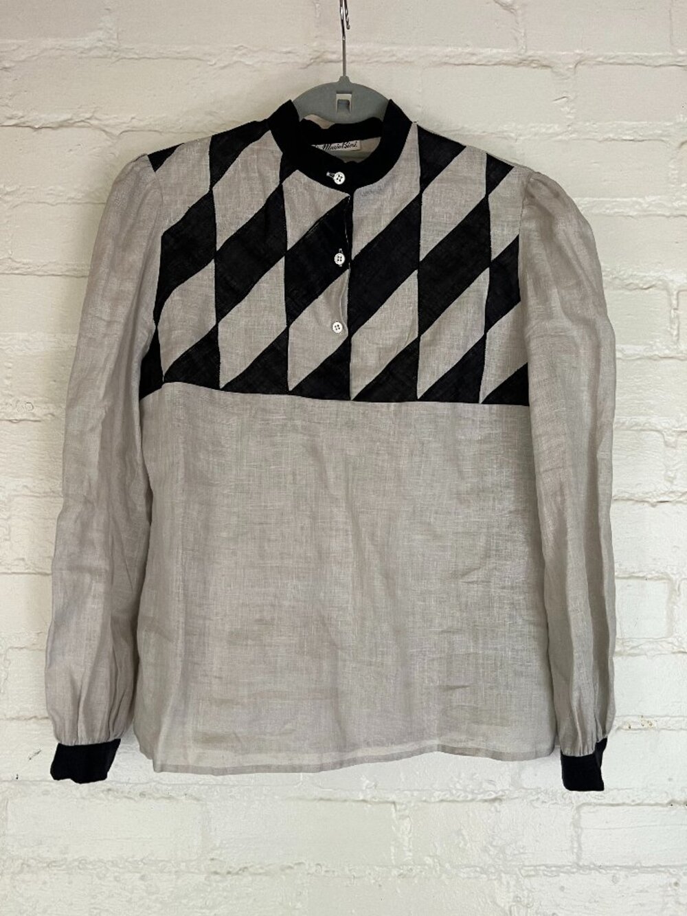 Vintage Mario Bini Blouse Diamond Pattern Linen Long Sleeve Size 12 Med Argyle